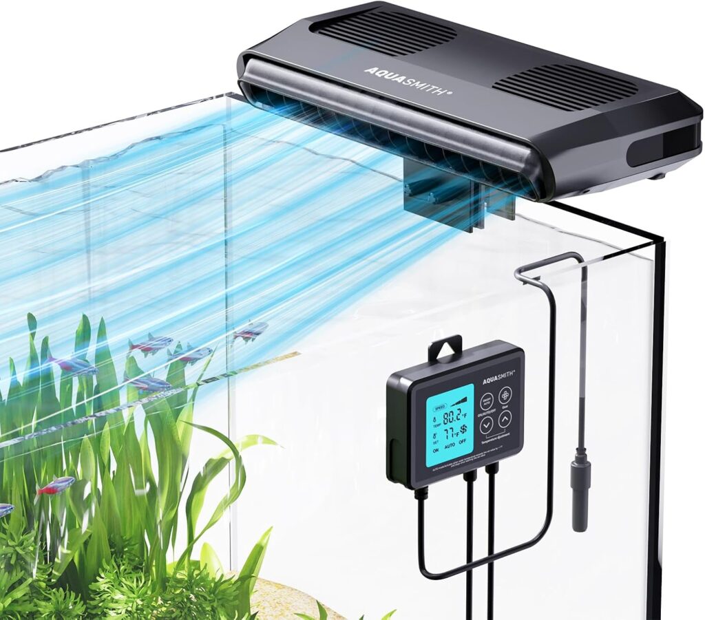 AQUASMITH Aquarium Chiller Fan,Fish Tank Cooler with Temperature Control,Minimum Setting 59℉,Auto Start/Stop,Refrigeration Effect 3-7℉,3-Speed Modes,for Axolotl Seawater Freshwater Coral Grass Tank - Aqua Plants Hub