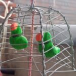 Colorful parrot toys hanging in a bird cage
