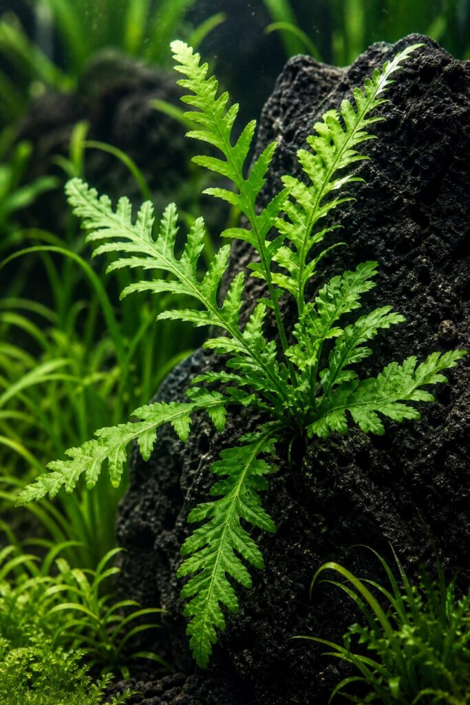 Bolbitis heudelotii African water fern attached to lava rock