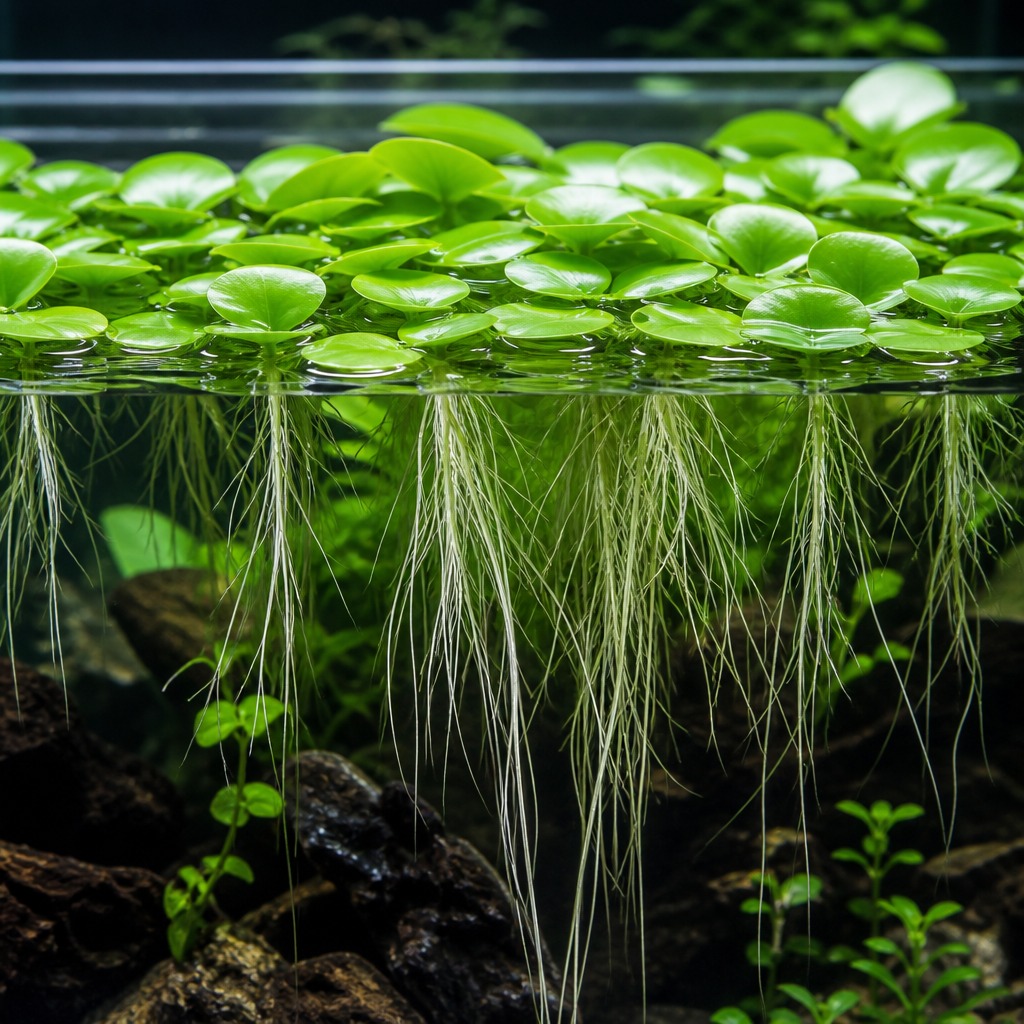 Amazon frogbit Limnobium laevigatum with trailing white roots