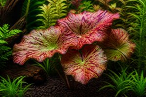 Tiger lotus Nymphaea zenkeri red-green mottled submerged leaves