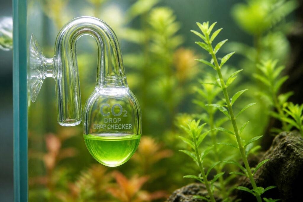Glass CO2 drop checker lime green in planted aquarium