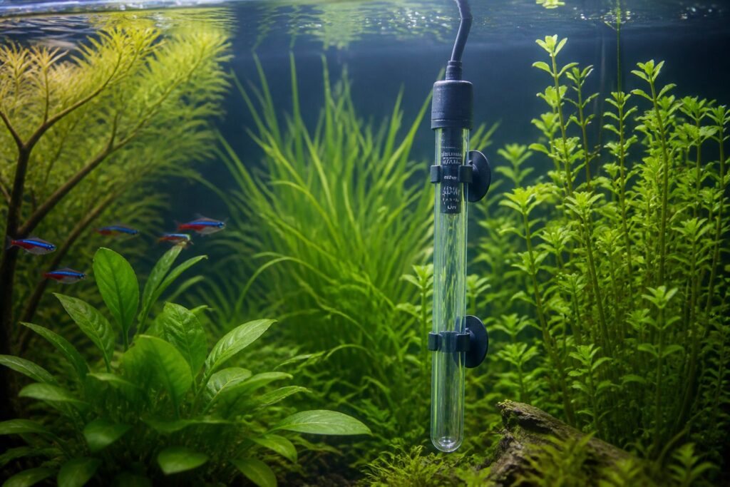 Submersible aquarium heater among green plants