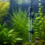 Submersible aquarium heater among green plants