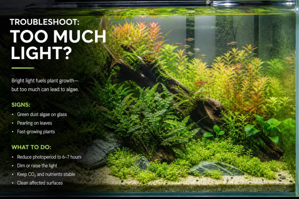 Planted aquarium under bright LED with leaf pearling